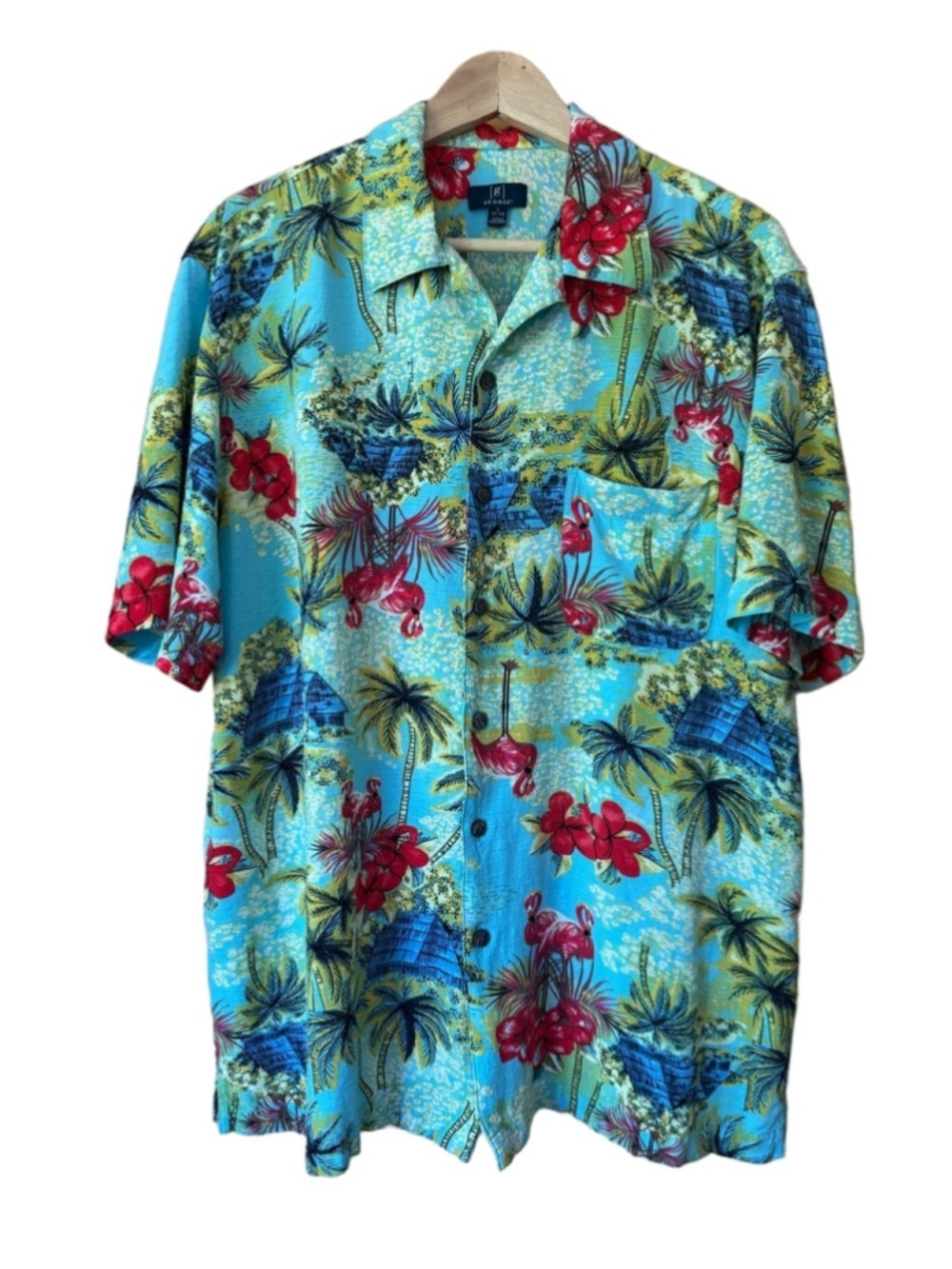Men's Tropical Print Camp Shirt - Turquoise with Flamingos & Red Florals size L